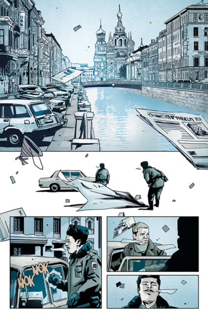 A comic book page depicting a man finding a suspicious briefcase by a river in a European city. The background includes buildings, parked cars, and a church with onion domes.