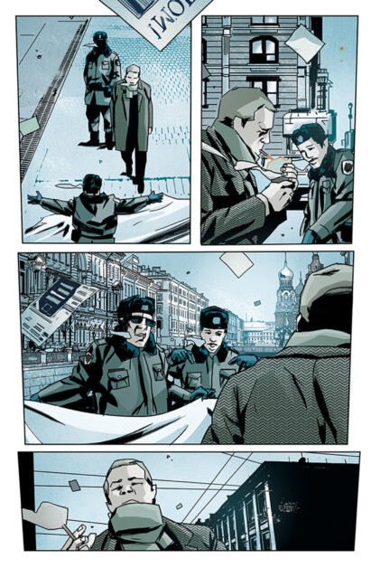 A comic strip scene shows two men in military uniforms interacting with a civilian in a cityscape. They arrest the civilian, while documents float in the air. An ornate building is visible in the background.