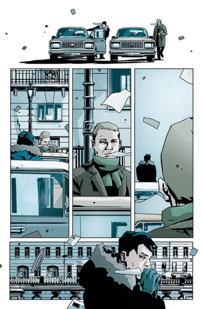 A comic book page depicts two men meeting near cars. Close-ups show their faces and a city background with falling papers.