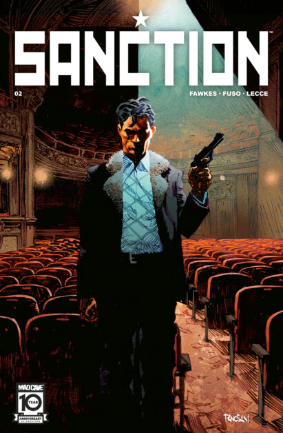 Comic book cover titled "Sanction" shows a man in a suit holding a gun in an empty theater. The issue is labeled #02 by Fawkes, Fuso, and Lecce.