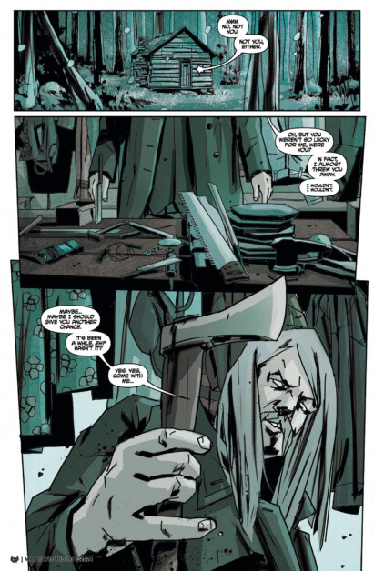 A comic strip depicting a man in a forest talking to someone unseen. He finds a hatchet and examines it, with a cabin in the background. The text suggests a conversation about not being alone.