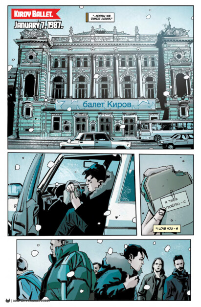 Comic book page showing an exterior view of the Kirov Ballet theatre in winter, followed by scenes of a person in a car reading a note, and people walking in the snow. The date is January 7, 1987.
