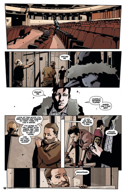 Comic book page showing a man walking through an empty auditorium, then talking to a man backstage about props. The backstage crew is preparing for a show, discussing the readiness of props and scenes.