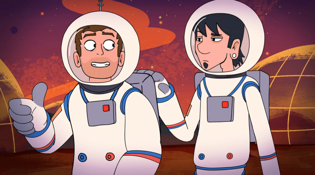 Two animated astronauts in spacesuits. One gives a thumbs-up and smiles, while the other, with dark hair and an earring, gestures with his hand on the other’s shoulder. Mars-like landscape in the background.
