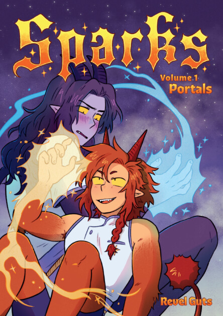 Two horned characters, one with long dark hair and the other with short red hair, sit against a starry background. "Sparks Volume 1: Portals" and "Revel Gus" are displayed in bold text.