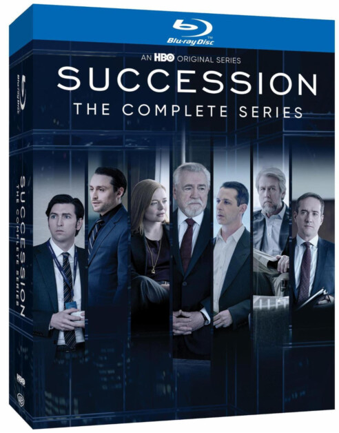 Blu-ray box set of "Succession: The Complete Series" featuring the main characters from the HBO original series on the cover.