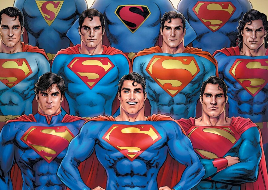 Several illustrated versions of Superman stand together, each wearing blue suits with red capes and the iconic "S" emblem on their chests.