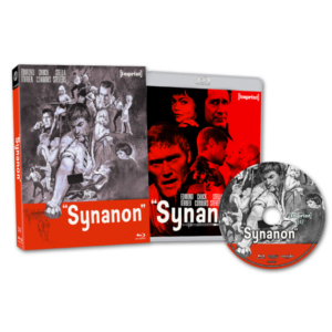 Image of a Synanon DVD set, including a red and black box, case cover, and disc, featuring monochrome portraits of several individuals.
