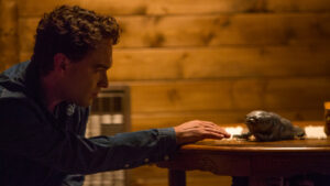 A person in a blue shirt touches a small fish on a wooden table inside a warmly lit room with paneled walls.