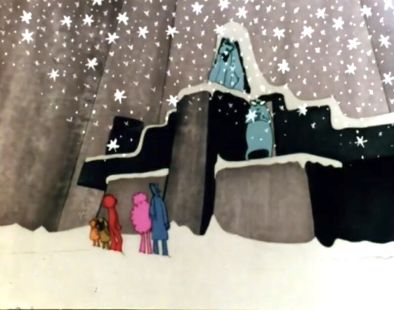 Four characters stand at the base of a snowy cliff, looking up at a figure sitting atop the cliff in a snowstorm, with stars in the sky.