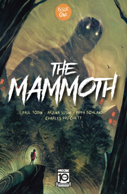 Comic book cover depicting a giant mammoth-like creature looming over a forest with a small figure standing in the foreground. Text reads "The Mammoth, Issue One.