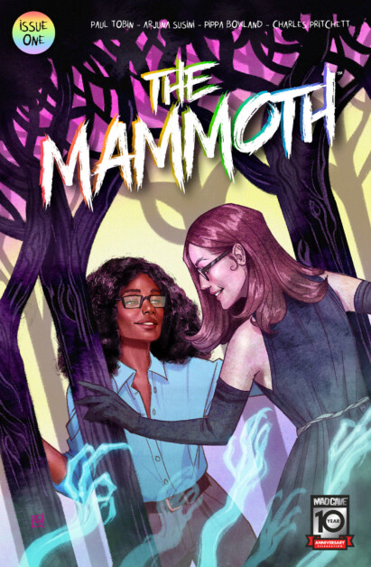 Comic book cover titled "The Mammoth," featuring two women in front of a backdrop with dark intertwined tree roots. One woman has curly hair and glasses, the other is holding a crystal. Issue One is indicated.