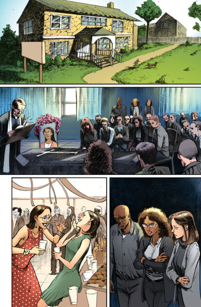 A comic-style sequence: a house, a woman in a casket with mourners gathered, people at a social gathering with drinks, and three somber individuals walking.