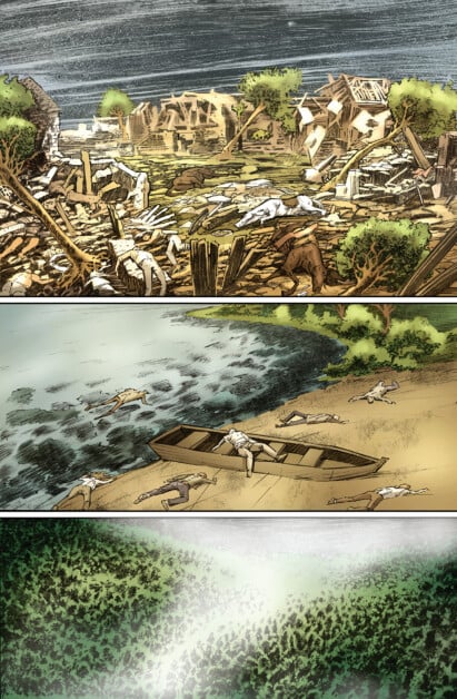 A three-panel comic depicts a disaster scene: top panel shows a ruined village with fallen people, middle panel shows bodies near a boat at a riverbank, bottom panel shows a forest clearing.