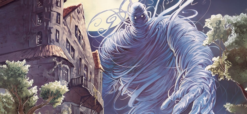 A large ghostly, white, and swirling humanoid figure looms over an old, multi-story stone building surrounded by trees.