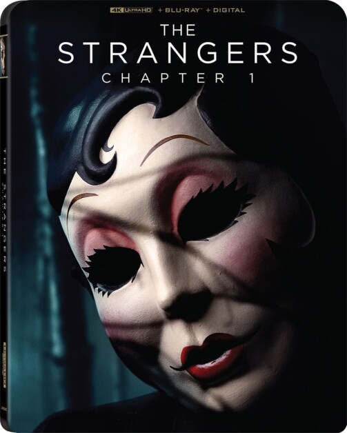 Close-up of a theatrical mask with distorted features on the cover of "The Strangers: Chapter 1" 4K Ultra HD Blu-ray+Digital.