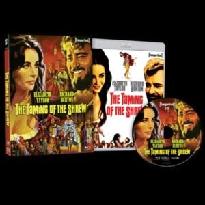 A Blu-ray box set of "The Taming of the Shrew" featuring Elizabeth Taylor and Richard Burton, showing the cover art of the case, disc, and an open case.