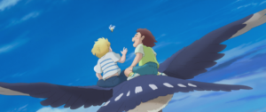 Two animated children ride on a large bird while reaching towards a small glowing creature against a blue sky.