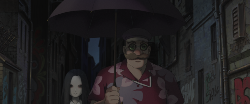 An animated character holding an umbrella walks beside a pale, ghost-like figure in a narrow, dark alleyway with graffitied walls.