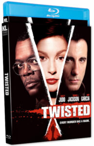 Blu-ray case for the movie "Twisted" showing three actors' faces divided by a white X. Text reads "Ashley Judd," "Samuel L. Jackson," "Andy Garcia," and the tagline "Every Murder Has A Mark.