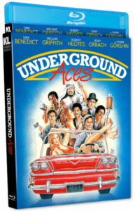 Blu-ray cover of the movie "Underground Aces" featuring illustrated characters riding in a red convertible. Various actors' names are listed at the top.