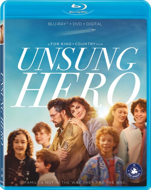 Blu-ray cover of the film "Unsung Hero," featuring a family of eight standing together. The title and tagline "Family's not in the way. They are the way." are prominently displayed.