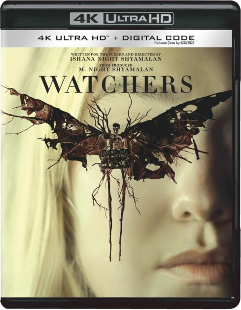 A 4K Ultra HD movie case for the film "Watchers" featuring a stylized butterfly with skeletal elements and the face of a person in the background.