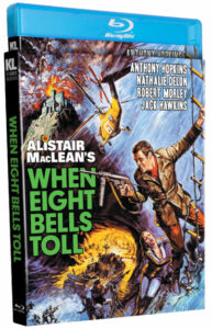 Blu-ray cover of "When Eight Bells Toll," featuring illustrated scenes of action, including a man with a gun, a helicopter, and a castle. Cast names include Anthony Hopkins, Nathalie Delon, Robert Morley, and Jack Hawkins.