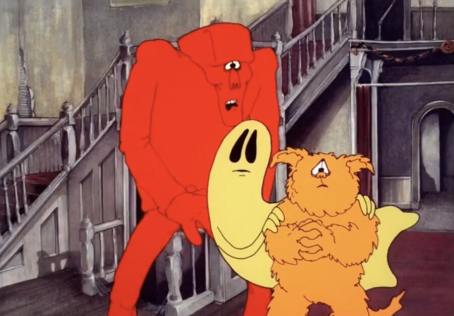 A red blocky figure, a yellow cyclops-like character, and a furry orange creature stand together in an old, dimly lit building with a staircase in the background.