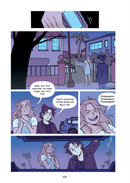 A hand reaching for a phone, then two characters in various panels: one laughs, the other looks skeptical. They stand outside a building at sunset. The scene ends with both characters waving goodbye.