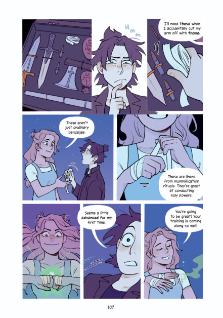 A comic page shows a person examining a box of weapons and discussing bandages and holy arrows with another character. The conversation highlights the special uses of these items in magical rituals.