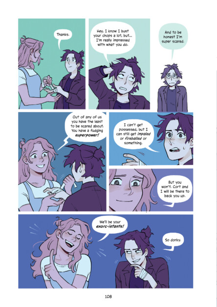 A comic page shows a conversation between two characters. One expresses admiration and fear, mentioning superpowers. The other reassures and jokes, offering support. The page number 108 is at the bottom.