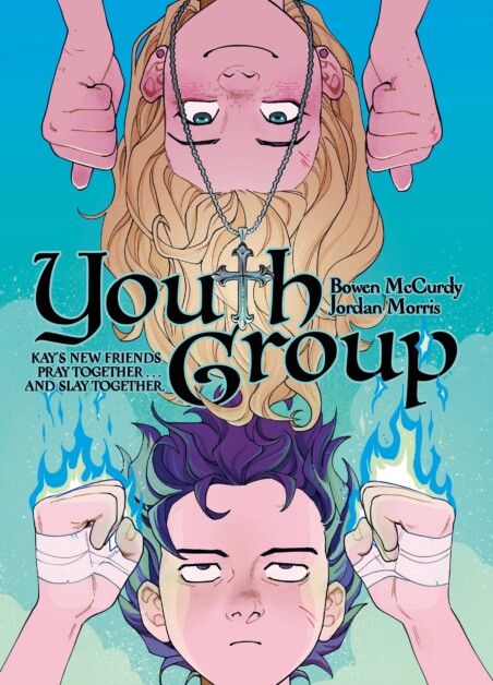 Comic book cover titled "Youth Group" by Bowen McCurdy and Jordan Morris. Features two characters, one blonde hanging upside-down holding a cross, and another with purple hair and a solemn expression.