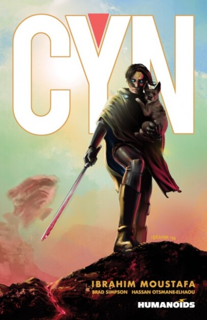 A person wearing a cape holds a small animal while standing on a rock, accompanied by glowing red sword. Large letters "CYN" dominate the top. Credits at bottom: Ibrahim Moustafa, Brad Simpson, Hassan Otsmane-Elhaou.