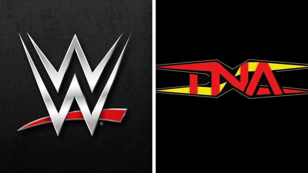 Side-by-side logos of WWE (left) and TNA (right) on a black background.