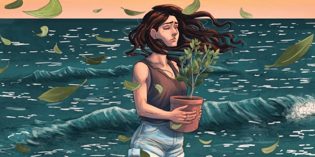 Illustration of a woman holding a potted plant, standing near the ocean. Leaves are blowing in the wind, and waves are visible in the background.