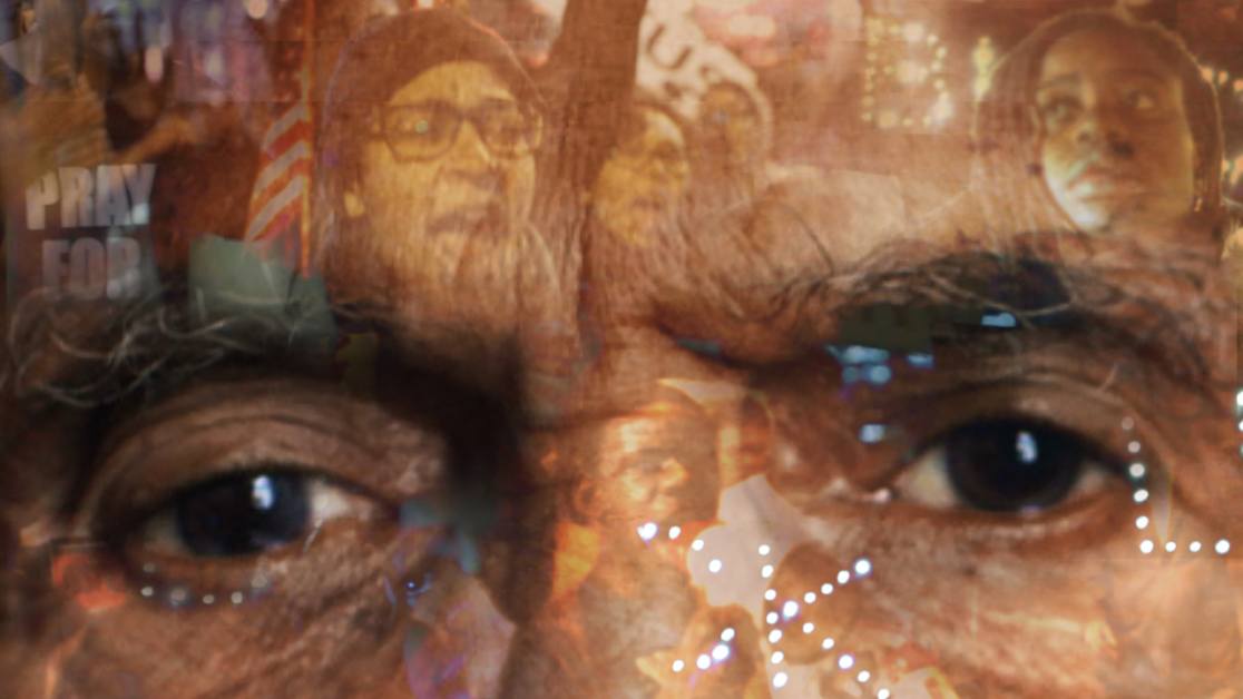 A close-up of a person's eyes overlays images of protesters, signs, and demonstrations, creating a collage effect.