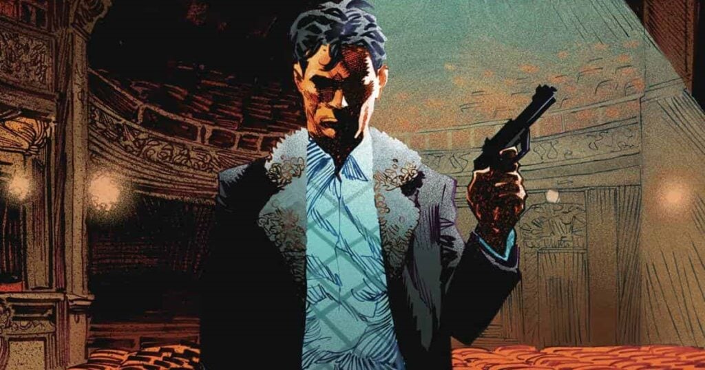 A person stands in an ornate, empty theater holding a handgun, bathed in dramatic lighting.