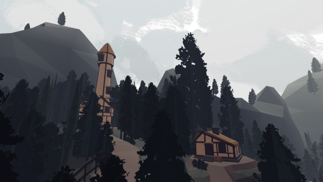 A serene wooded mountainside with tall pine trees, featuring a tall tower and a small, rustic cabin. The sky is overcast.