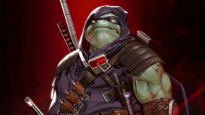 A turtle character in a hooded cloak, equipped with belts and various weapons, stands against a dark red background.