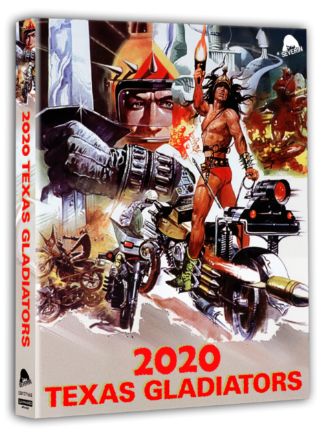 Cover art of the movie "2020 Texas Gladiators" showing a futuristic warrior, a motorcycle, and chaotic background with fire and destruction. The title is in bold red letters at the bottom.