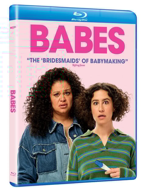 Blu-ray cover of the movie "Babes" featuring two women; one wears a denim jacket, the other a striped shirt, both with surprised expressions. The tagline reads "The 'Bridesmaids' of Babymaking.