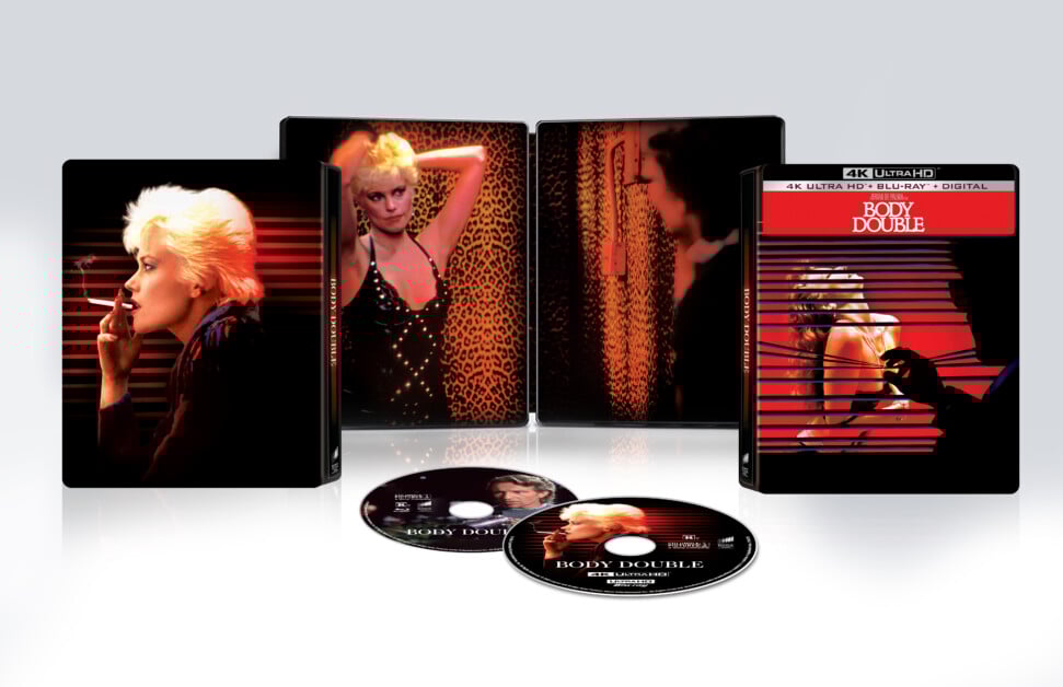 A 4K Ultra HD Blu-ray set of "Body Double" is shown with its open case, front cover, and two discs displayed.