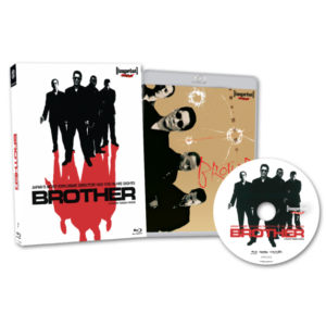 Image of the "Brother" movie Blu-ray set including the outer sleeve, a Blu-ray case, and the disc. The cover features shadowed figures in suits and red text.