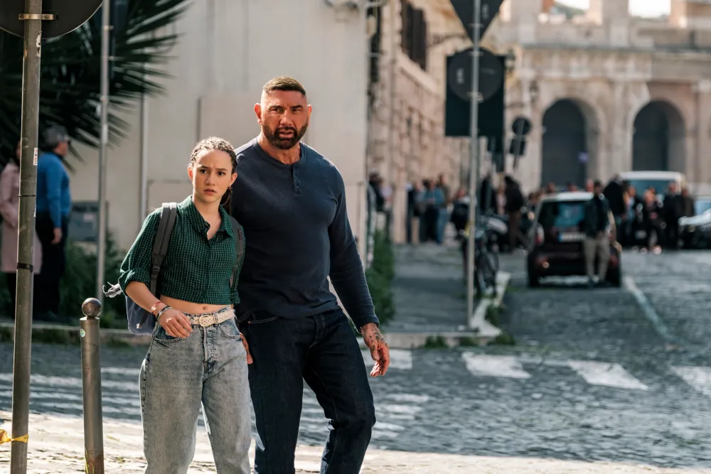 Dave Bautista and Chloe Coleman in My Spy the Eternal City (2024) | Image via Amazon Studios