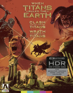 Promotional poster for "When Titans Ruled the Earth" featuring "Clash of the Titans" and "Wrath of the Titans" with ancient Greek imagery, a flying horse, and a 4K Ultra HD HDR tag on the right.