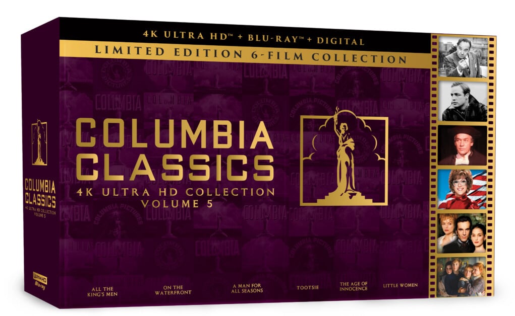 Box set titled "Columbia Classics 4K Ultra HD Collection Volume 3" containing six films, with cover images of included movies on the side.
