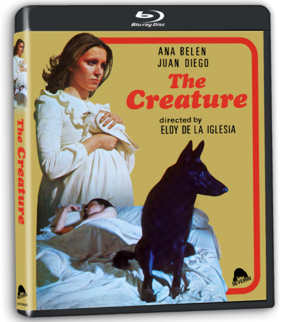 Blu-ray cover of "The Creature" directed by Eloy de la Iglesia, featuring Ana Belen and Juan Diego, with an image of a woman holding a dog and a sleeping person in the background.