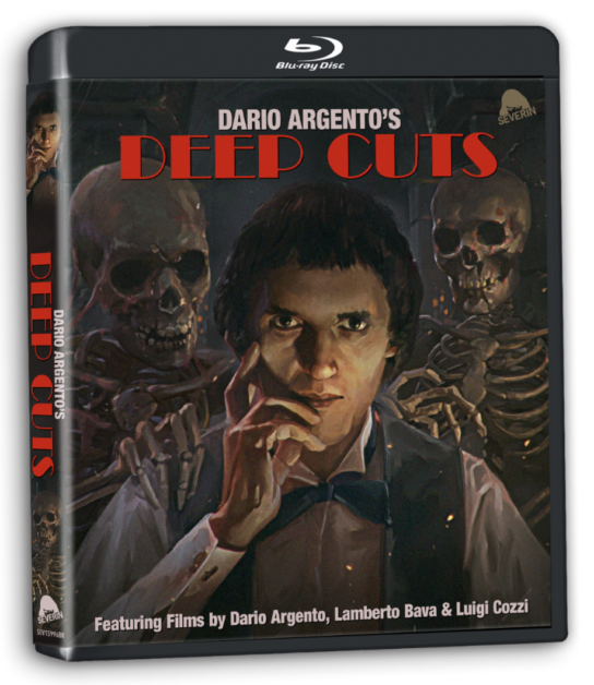Blu-ray cover of "Deep Cuts" featuring a man holding his chin with skeletons in the background. The text indicates films by Dario Argento, Lamberto Bava, and Luigi Cozzi.