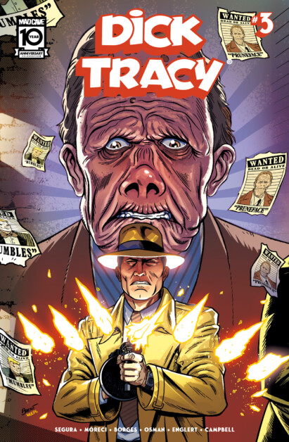 Comic book cover of "Dick Tracy" Issue #3 featuring the detective firing a gun, with a scarred man and multiple wanted posters in the background.